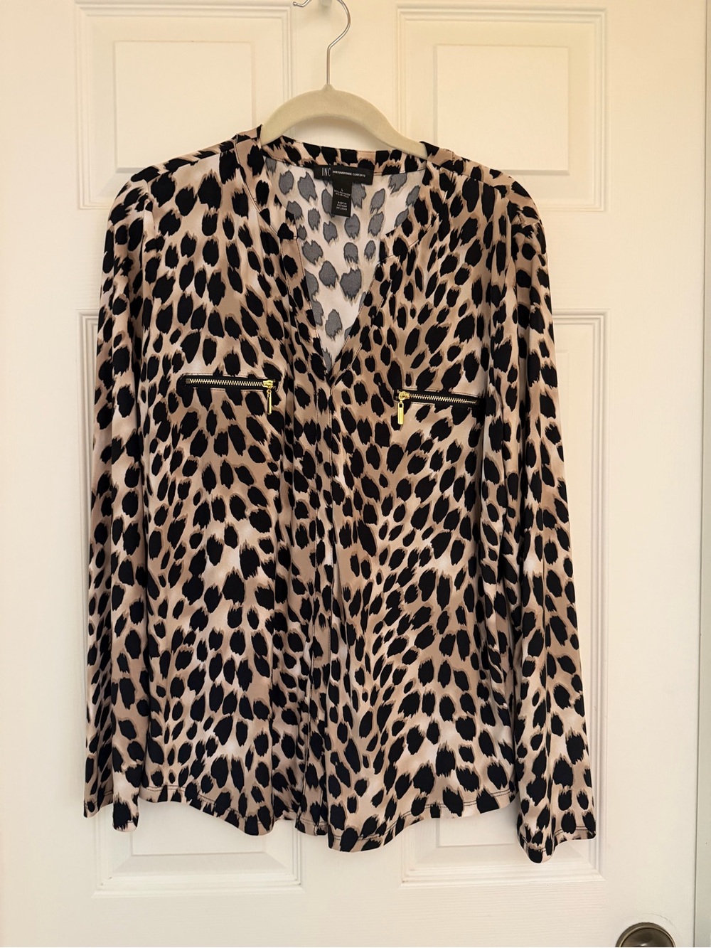 INC International Concepts Beige and Black Leopard Print V-Neck Blouse
